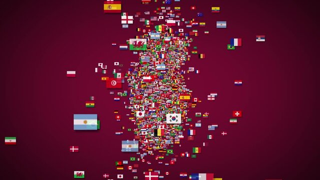 Qatar's country map is filled with different country flags. The map reveals animation on maroon isolated background. Graphics resource. 4k video.