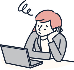 ノートパソコンの前で困り顔の会社員女性　シンプルイラスト