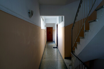 A corridor at a residential apartment building in Athens, Greece