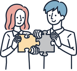 パズルのピースをつなげる男女　シンプルイラスト