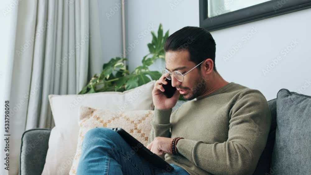 Poster tablet planning, phone call and asian businessman talking about creative strategy, communication abo