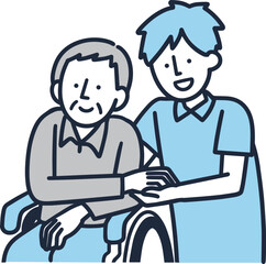 車いすに乗ったシニア男性と介護士の男性