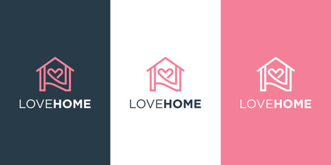 Simple icon of house with heart shape within. House line art shape. Vector symbol logo.