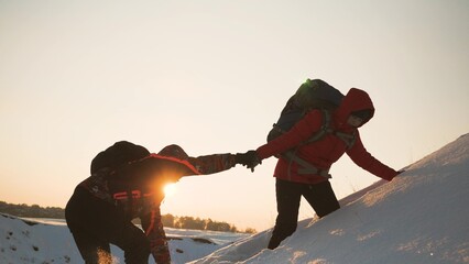 teamwork silhouette. handshake comrades rejoicing victory. shake hands command group mountain hill...