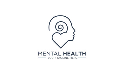Mental health, human head, psychological help, psychiatry concept, therapy course, cognitive development with heart or love shape vector line icon