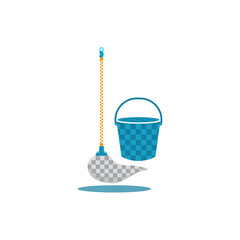 Pixel Mop And Bucket Vector Icon Illustration. Pixel Cleaning Tool Icon Concept Isolated Premium Vector. Flat Cartoon Style