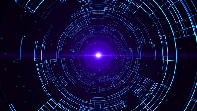 Abstract animated background image. through the glowing geometric lines tunnel bright center.