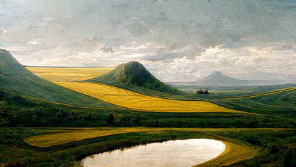 Fototapeta premium Beautiful and colorful landscape background, mountain and river 3D rendering, CG artwork illustration