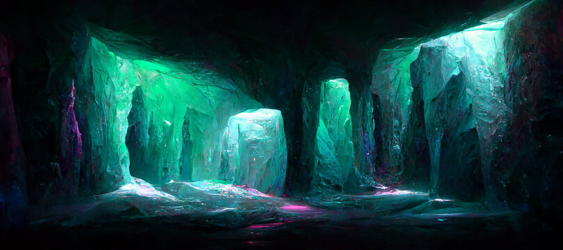 Futuristic sci-fi cave with cyan and violet crystals lights. 3D rendering
