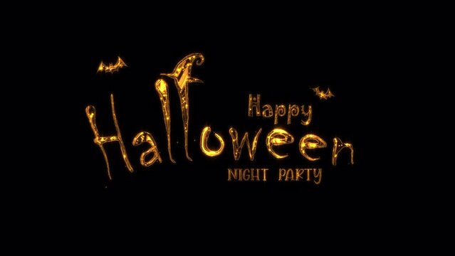 Abstract loop of Happy Halloween Night Party golden text star glow flickering effect animation on black background. Isolated transparent video animation text with alpha channel using Quicktime Apply p