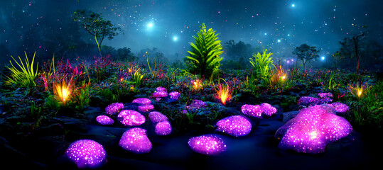 Fantasy glowing purple plants in forest with lights in the background. 3D rendering
