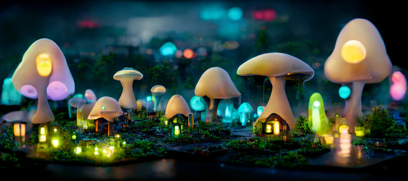 Fantasy forest with mushroom house fairy tale. 3D illustration