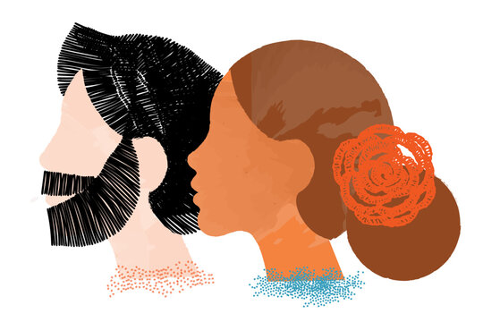 diversity people - interracial couple face illustration vector - side by side - latin woman and brown hair - white man and black hair