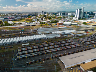 Aerial view of train depot in Brisbane, Australia - obrazy, fototapety, plakaty