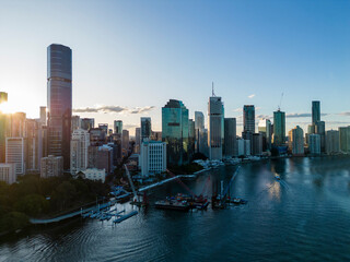 Aerial view of Brisbane city in Australia at sunset