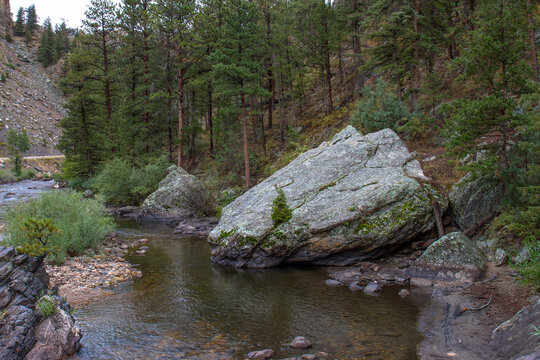 Cache La Poudre Wild and Scenic River Valley in Colorado on a stormy, overcast day