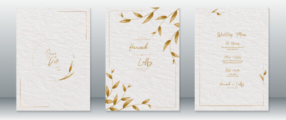 Wedding invitation card template luxury design with gold frame ,gold leaf wreath and watercolor texture background