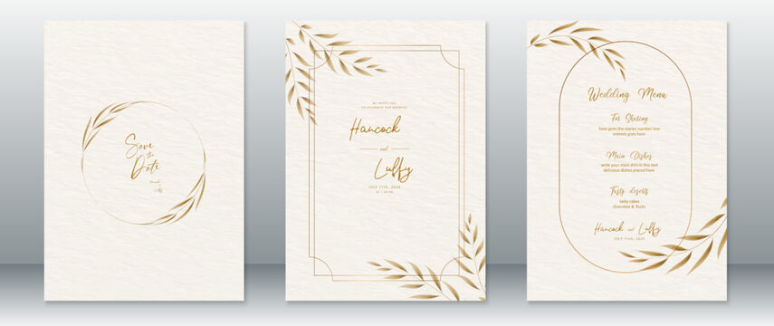 Wedding invitation card template luxury design with gold frame ,gold leaf wreath and watercolor texture background