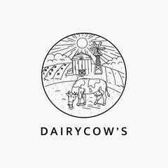 Minimalist dairy cow logo line art illustration template design