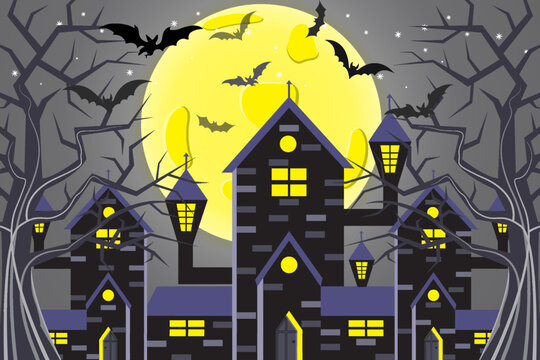 halloween celebration with castle, dry tree, bats and full moon