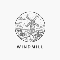 Minimalist windmill scenery logo line art illustration template design