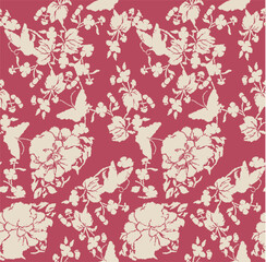 Repeating pattern with floral embroidery elements, perfect for textiles, wrapping paper and decoration