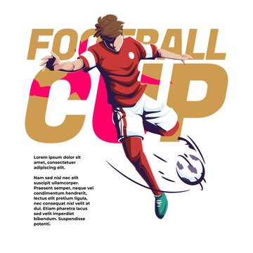 illustration of international soccer competition a player kicks the ball towards the goal