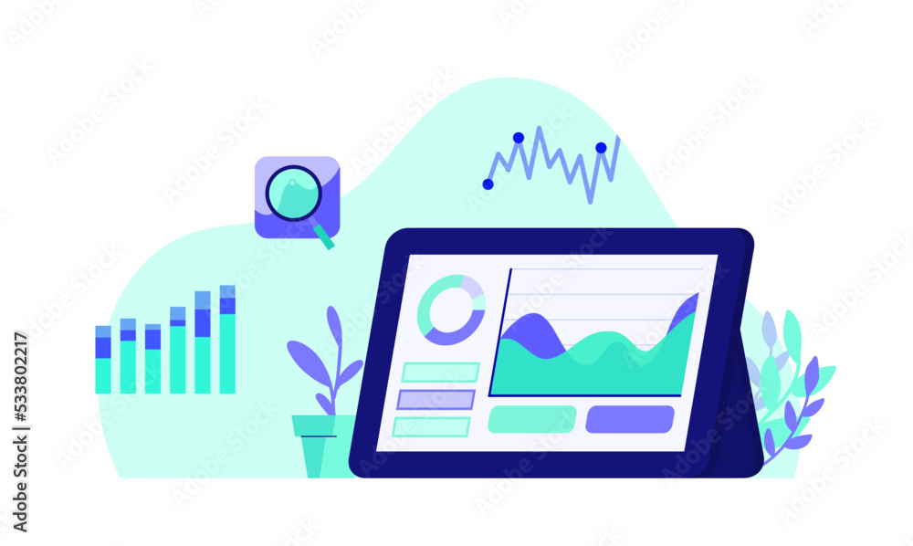 Poster data analysis graph and chart in business dashboard flat vector illustration purple and green design
