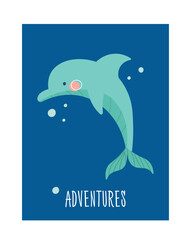 Cover with dolphin. Poster or banner with representatives of underwater world. Sea animal in water with inscription adventure, ocean. Wild and marine life concept. Cartoon flat vector illustration