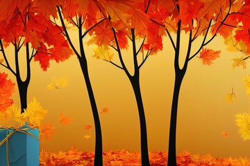 Naklejka na ściany i meble Autumn decoration background with trees house gift box cartoon style High quality illustration