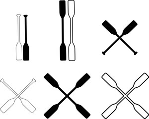 two black silhouette of crossed oars. rowing oars sign. crossed wood paddle symbol. flat style.
