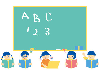 勉強に励む子供達　黒板背景