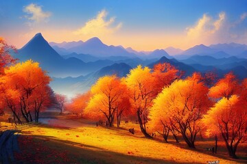 Chinese autumn landscape with autumn trees and majestic mountains. Idyllic and amazing nature scenery. Beautiful season fall background. Digital art.