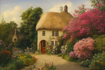 Charming English style cottage in the garden. High quality illustration - obrazy, fototapety, plakaty