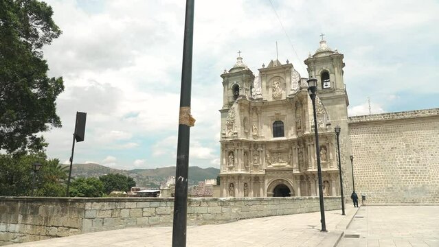 Dolly in slow motion of Basilica of Our Lady of Solitude is a Roman Catholic Basilica with Baroque style built in 1682, next to Dance Square and Municipal Palace. Oaxaca, Mexico.