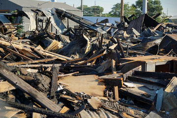 Pile of debris and rubble after building fire
