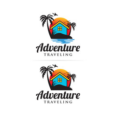 adventure traveling logo design, vector, plane, coconut tree, lodging house, adventure illustration design, traveling illustration design, travel and hotel