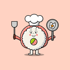 Cute cartoon Rice sushi rolls sashimi chef character holding pan and spatula in flat cartoon style 