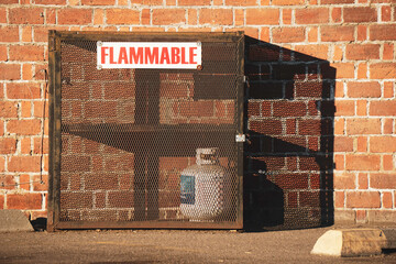 Locked up propane tank with flammable sign