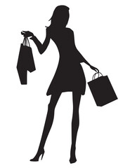 Shopping silhouette. Black silhouette of woman with shopping bags on white background. Elegant, young and slim women.