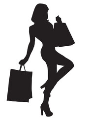 Shopping silhouette. Black silhouette of woman with shopping bags on white background. Elegant, young and slim women.