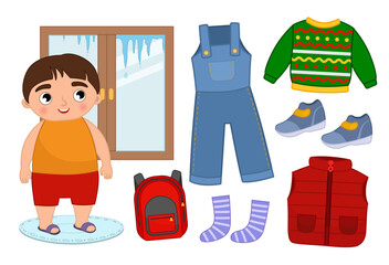 Vector set of seasonal spring clothes for kids. Illustration of a cartoon boy looking out the window.
