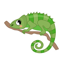 Vector cartoon illustration of a cute chameleon sitting on a branch.
