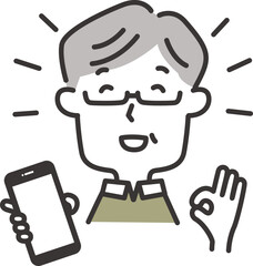 スマホを持ってオッケーサインをしている高齢男性のイラスト