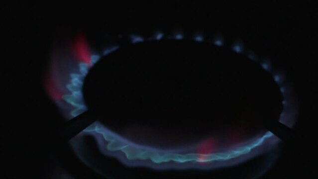 A gas cooker burner that lights up in the dark, forming a blue and red circle of flame.