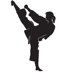 High kick female martial athlete silhouette. karate kata athlete.