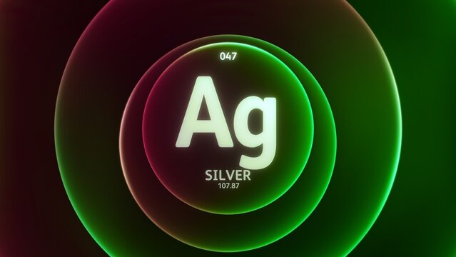 Silver as Element 47 of the Periodic Table. Concept illustration on abstract green red gradient rings seamless loop background. Title design for science content and infographic showcase display.