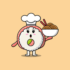Cute cartoon Rice sushi rolls sashimi chef character holding noodles in bowl flat cartoon style