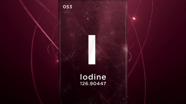 I (Iodine) symbol chemical element of the periodic table, 3D animation on atom design background