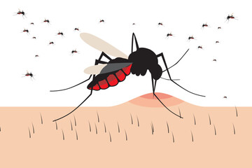 Flying mosquito vector. Mosquitoes bite humans. Flying insect illustration. Malaria plague insects